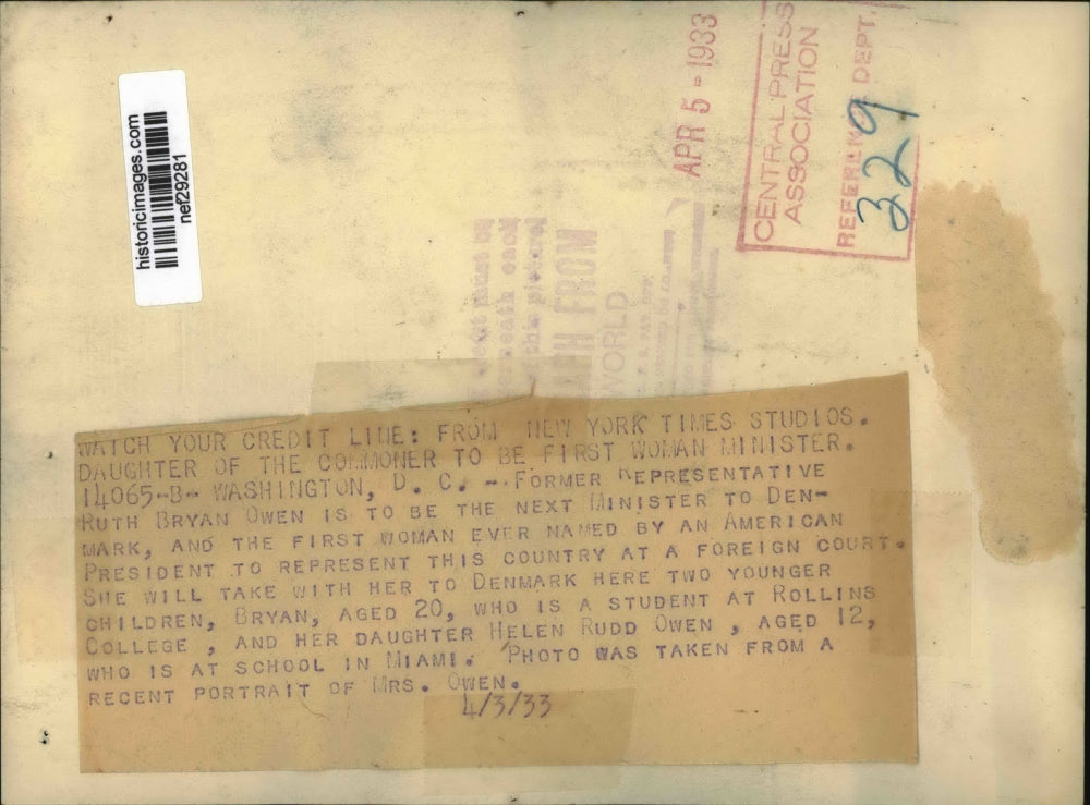 1933 Press Photo Ruth Bryan Owen - nef29281