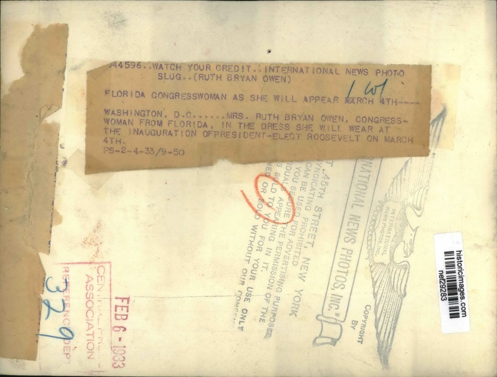 1933 Press Photo Ruth Bryan Owen in Dress for Roosevelt Inaguration - nef29283