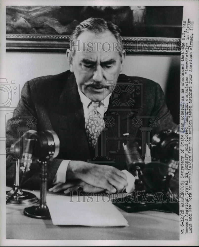 1952 Press Photo Secretary of State Dean Acheson Announces US-Hungary Travel Ban