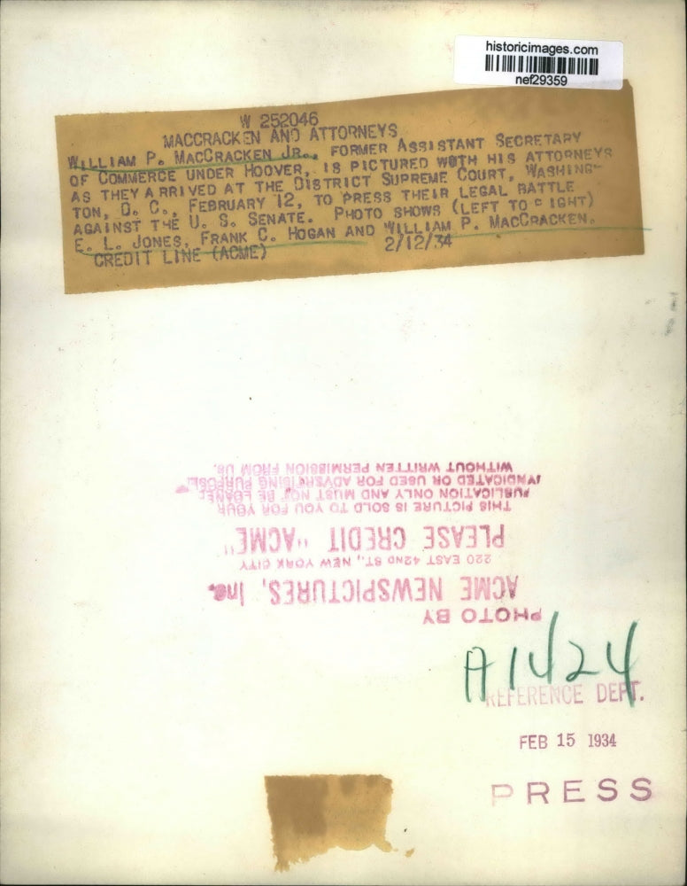 1934 Press Photo MacCracken arriving at the Supreme Court with his attorneys