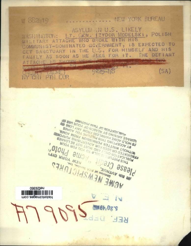 1948 Press Photo Lt General Izydor Modelski is expected to get sanctuary in U.S.