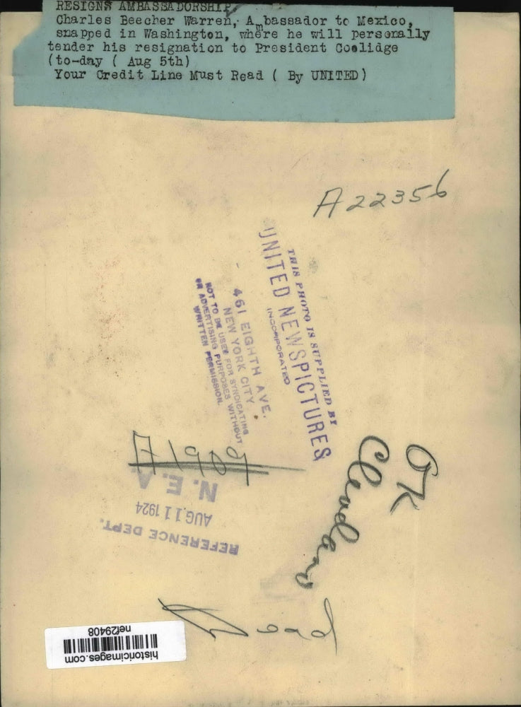 1924 Press Photo Charles Beecher Warren Ambassador to Mexico - nef29408