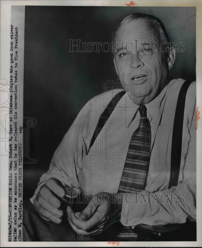 1952 Press Photo Sen Robert Kerr Jingles His Good Luck Silver Dollar Coins