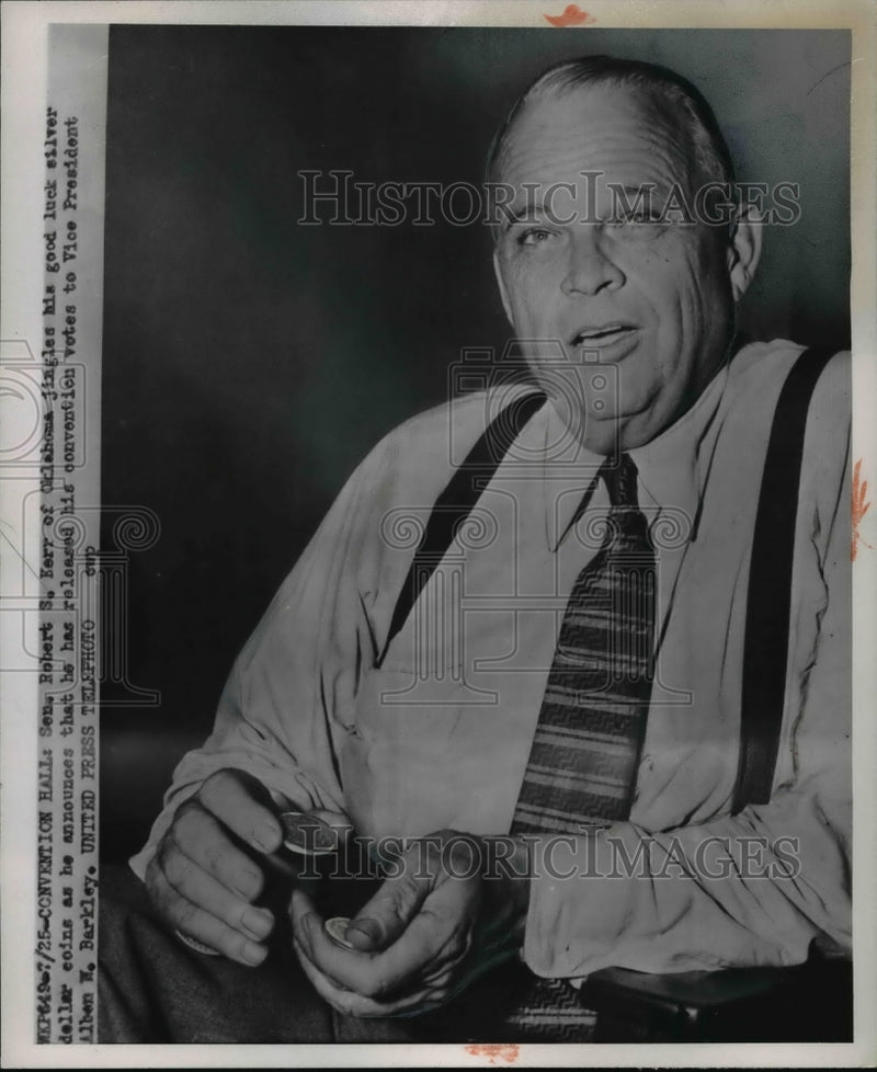 Load image into Gallery viewer, 1952 Press Photo Sen Robert Kerr Jingles His Good Luck Silver Dollar Coins

