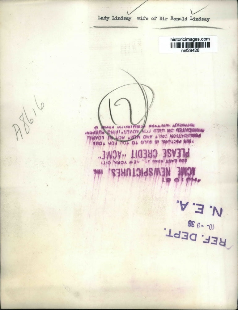 1936 Press Photo Lady Lindsay, Wife of Sir Ronald Lindsay - nef29428