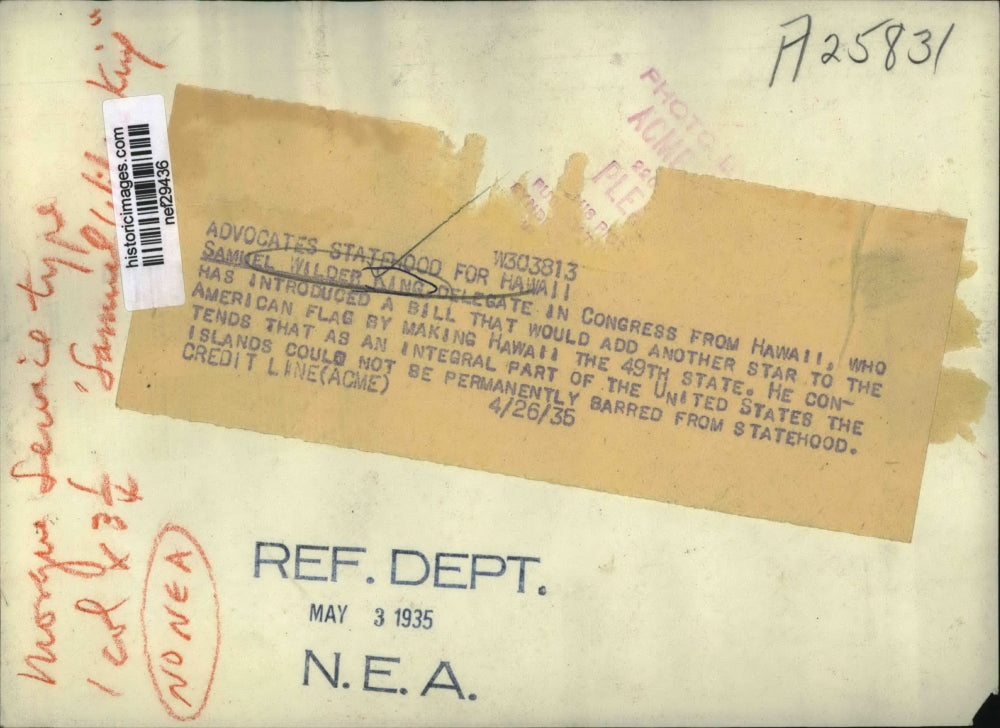 1936 Press Photo Samuel Wilder King Introduces Bill Adding Star on Flag- Hawaii
