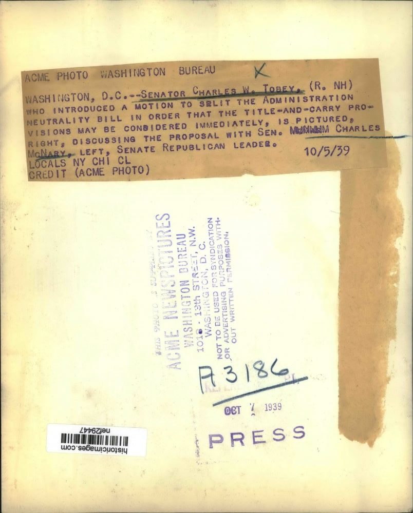 1939 Press Photo Sen Charles Tobey Discussing Proposal with Sen Charles McNary