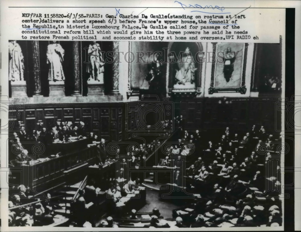 1958 Press Photo Charles de Gaulle Speaking at Council of Republic, France