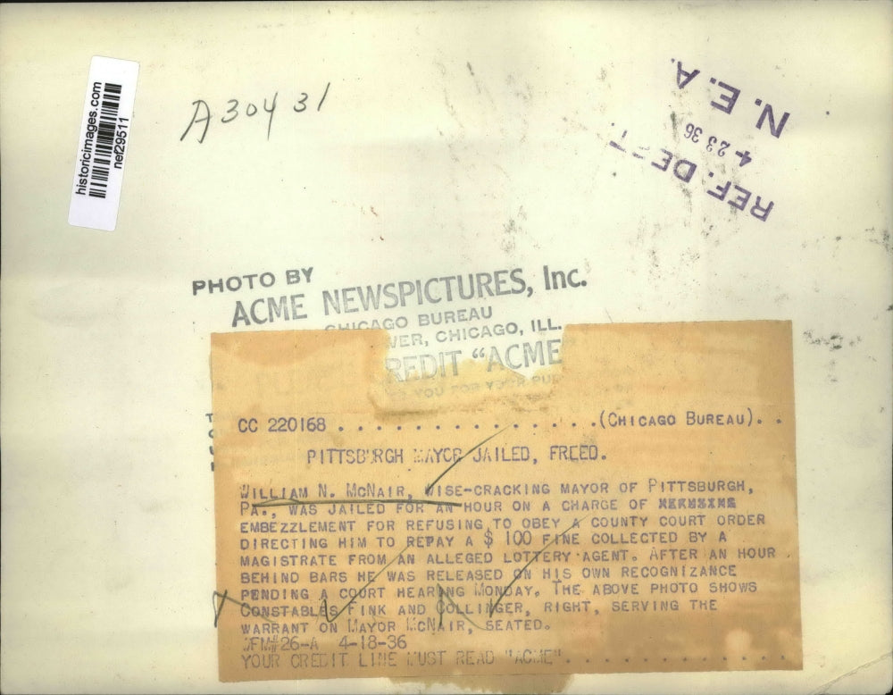 1936 Press Photo Constables Serve Warrant on Mayor William N. McNair Pittsburgh