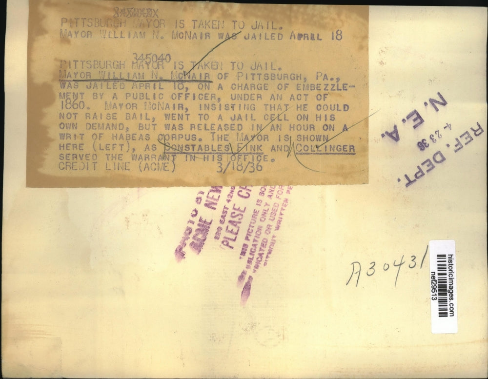 1936 Press Photo Constables Serve Warrant on Mayor William N. McNair Pittsburgh