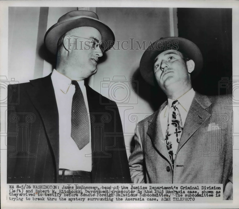 1950 Press Photo James McInerney and Robert Hitchcock at Senate Hearing
