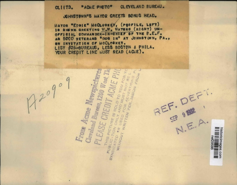 1932 Press Photo Mayor "Eddie" McCloskey, W.W. Waters at Johnstown, Pennsylvania