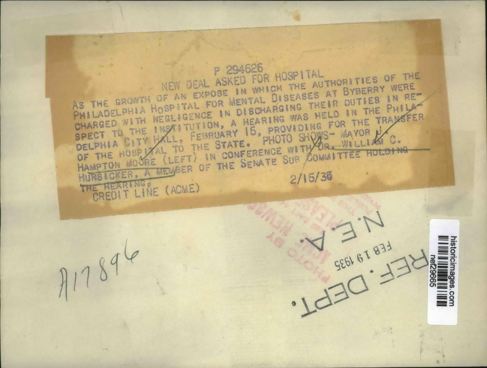 1935 Press Photo J. Hampton Moore, William C. Hunsicker at Philadelphia Hearing