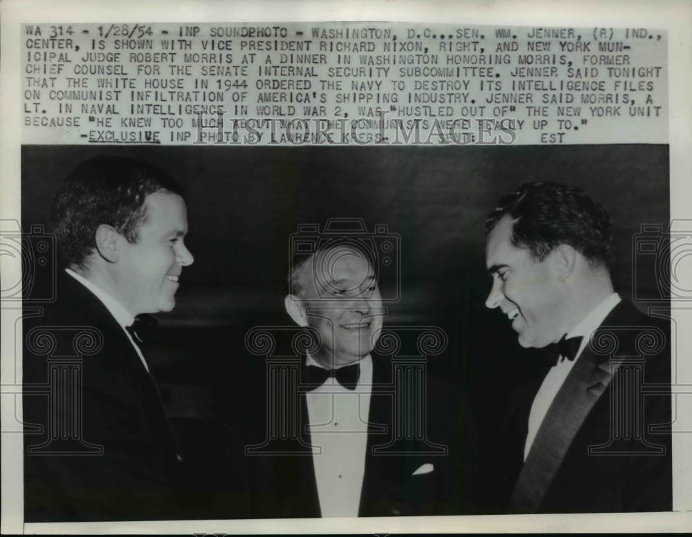 1954 Press Photo William Jenner, Richard Nixon, Robert Morris at Dinner Party