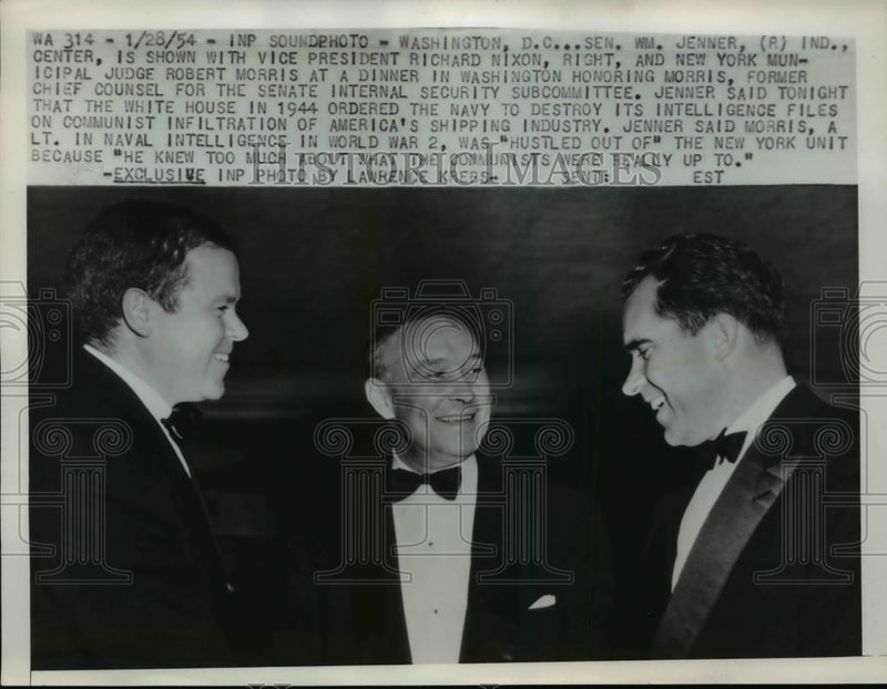 Load image into Gallery viewer, 1954 Press Photo William Jenner, Richard Nixon, Robert Morris at Dinner Party
