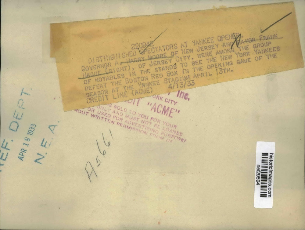 1933 Press Photo Harry Moore and Frank Hague Attend New York Yankees Game