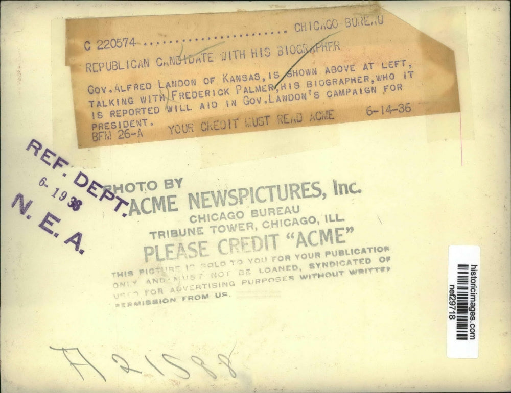 1936 Press Photo Governor Alf Landon Meets with Biographer Frederick Palmer