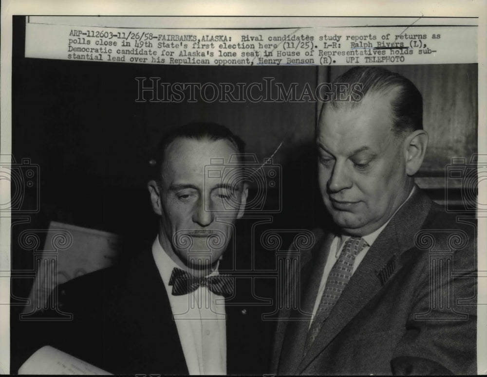 1958 Press Photo Ralph Rivers, Henry Benson Study Alaskan Poll Results