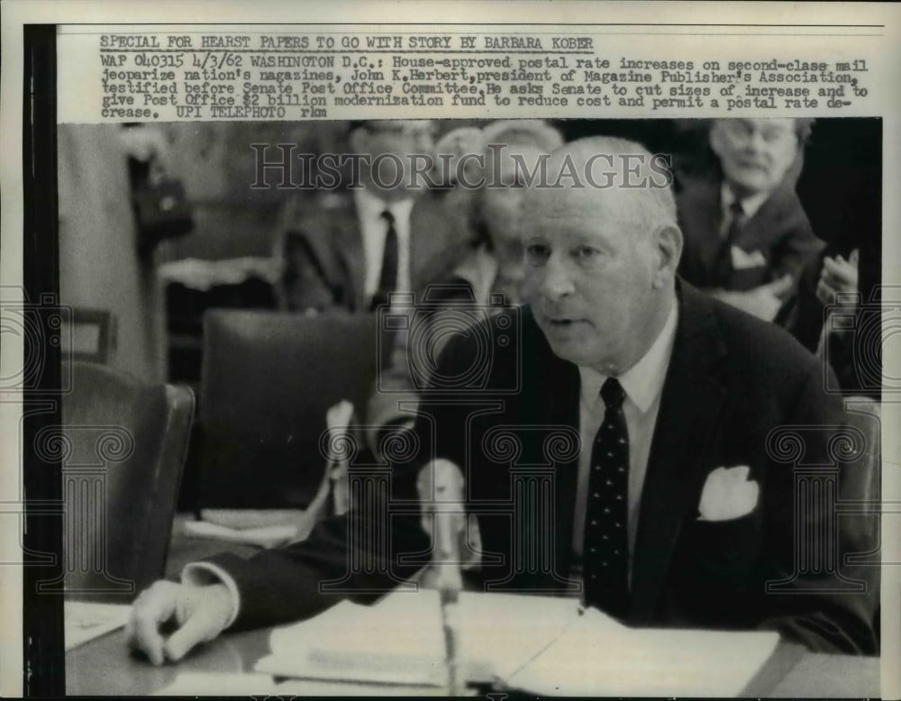 1962 Press Photo John K. Herbert at Senate Post Office Committee Hearing