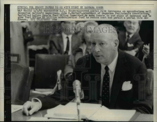 1962 Press Photo John K. Herbert at Senate Post Office Committee Hearing