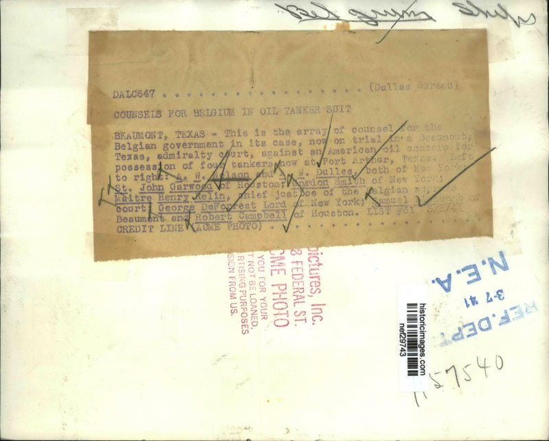 Load image into Gallery viewer, 1941 Press Photo Counsels for Belgium in Oil Tanker Lawsuit, Texas - nef29743
