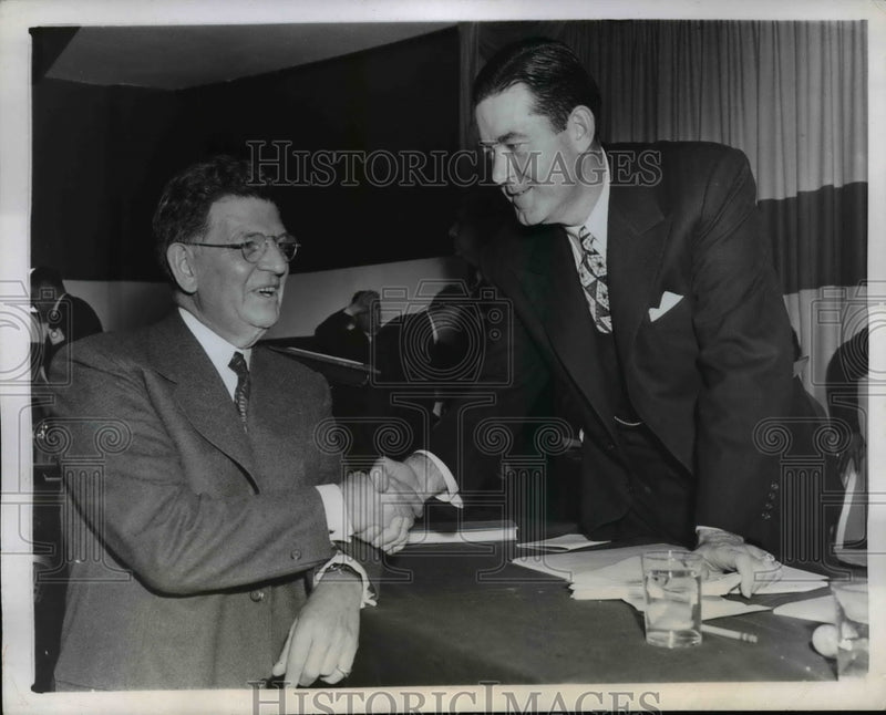 Load image into Gallery viewer, 1944 Press Photo Robert E. Hannegan Congratulates Edward J. Kelley at Mayflower
