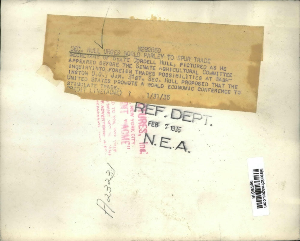 1935 Press Photo Secretary of State Cordell Hull Urge World Parley to Stop Trade