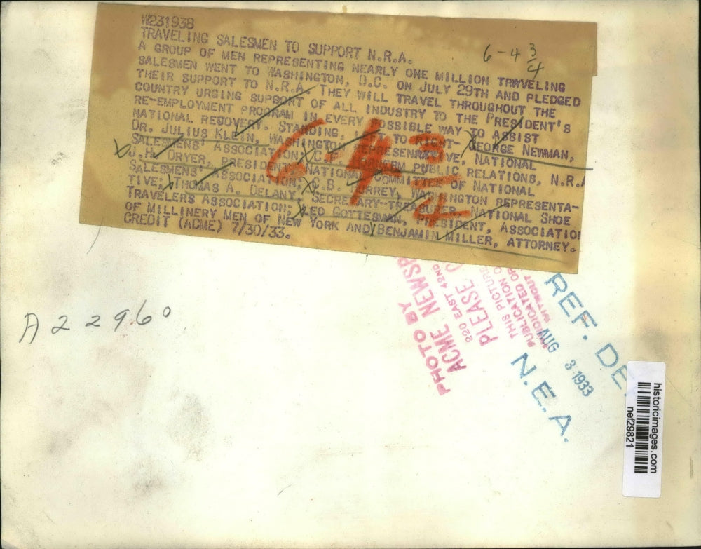 1933 Press Photo Representatives of 1 Mil Travelling Salesmen Pledge NRA Support