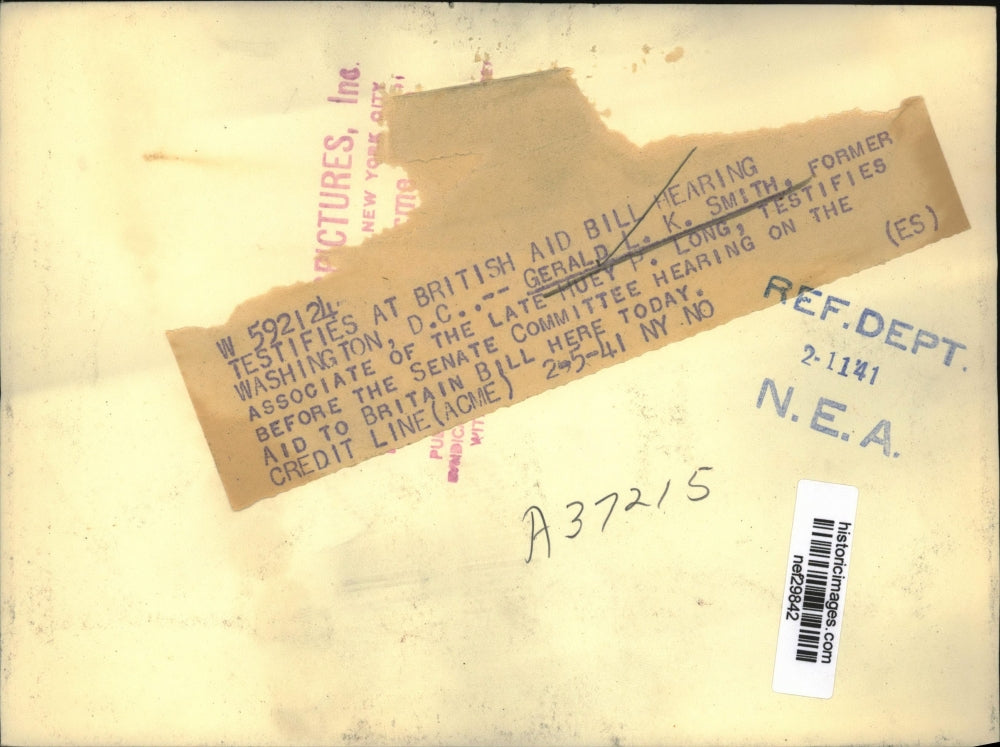 1941 Press Photo Gerald Smith Testifies Before Senate Comm Hearing on Aid Bill