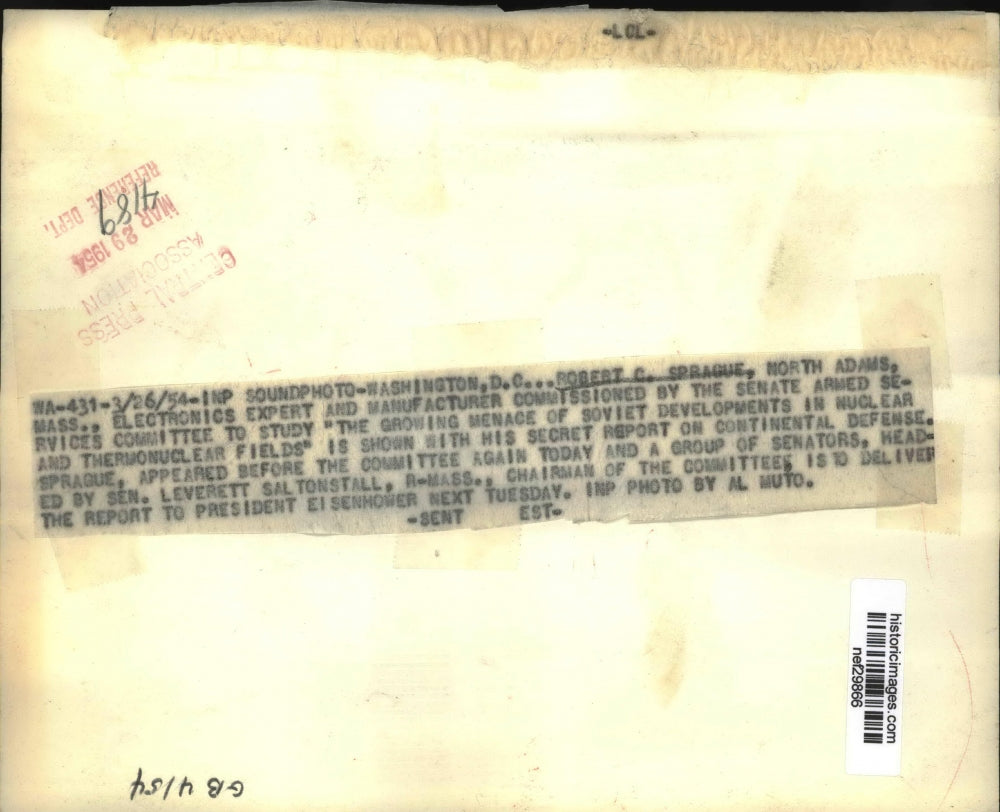 1954 Press Photo Robert C Sprague is Shown With Secret Report on Continental Def