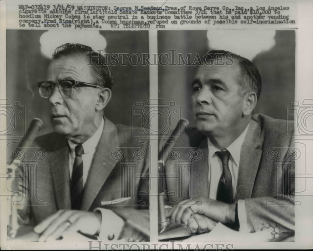 1959 Press Photo George Seedman Told Committree He Paid $10,000 to Hoodlum Cohen