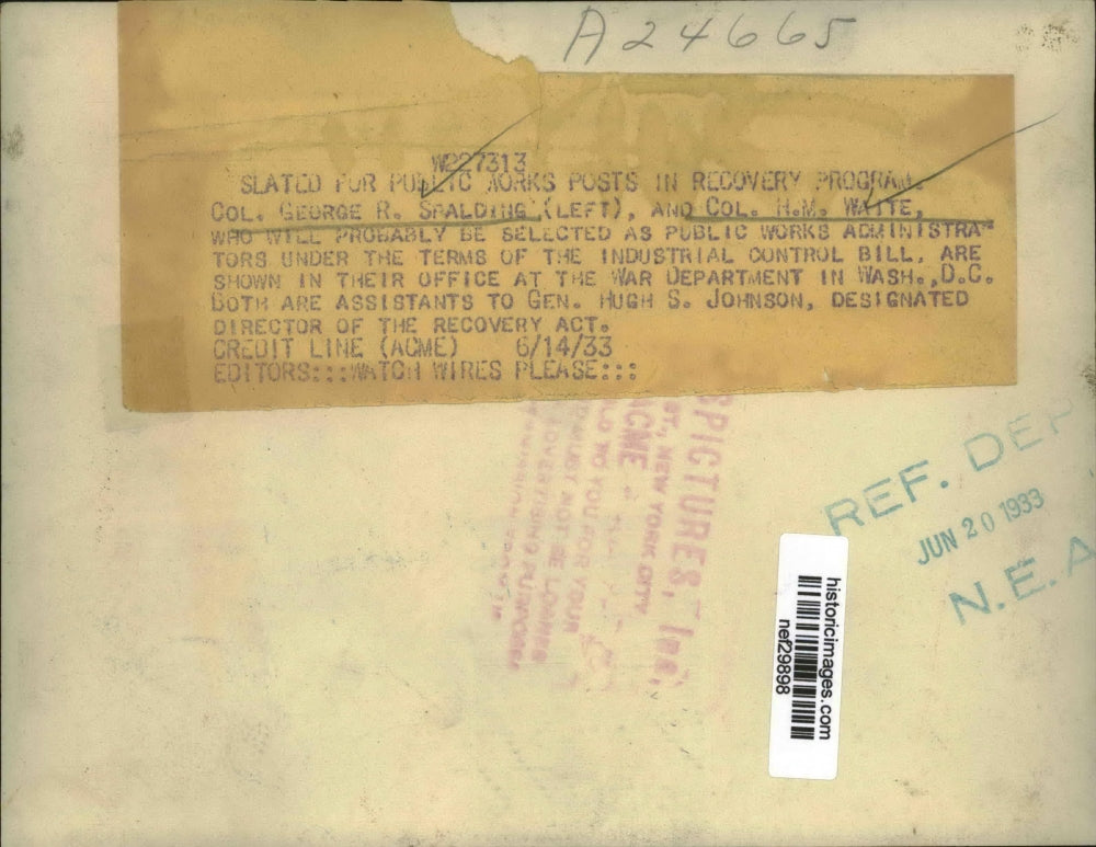 1933 Press Photo Colonel George R. Spaling, H.M. White in Their Office in D.C.