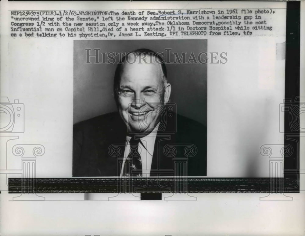 1963 Press Photo Sen.Robert S.Kerr left the Kennedy died in hart attack