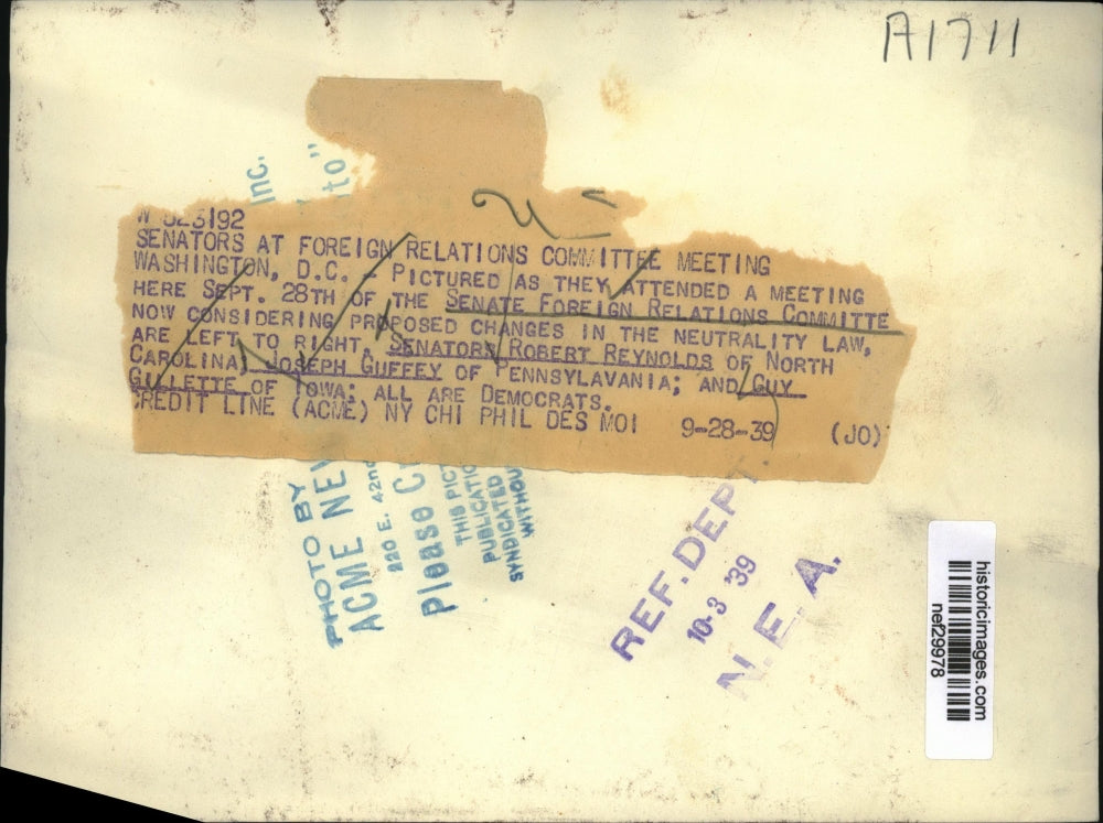 1939 Press Photo Senators Reynolds, Guffy, Gillette of Foreign Relations Committ