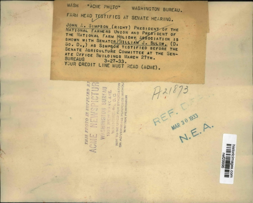 1933 Press Photo President of the National farmers Union John A Simpson