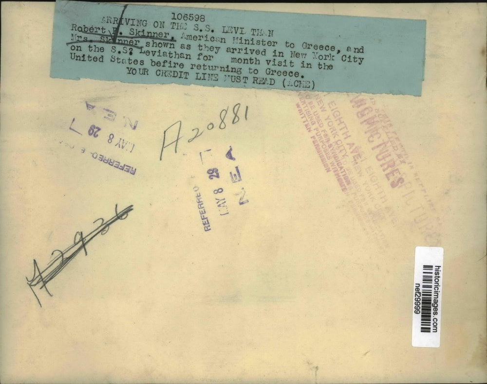 1929 Press Photo American Minister to Greece Robert Skinner and his wife