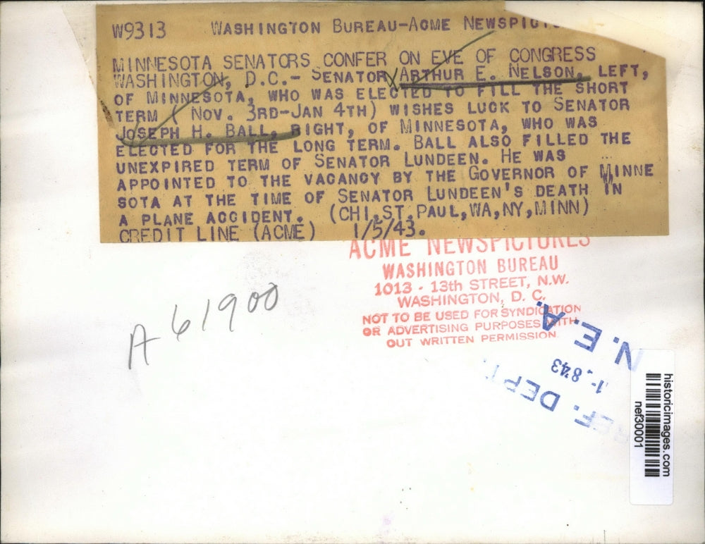 1943 Press Photo Senators Arthur Nelson & Joseph Ball at Eve of Congress Opening