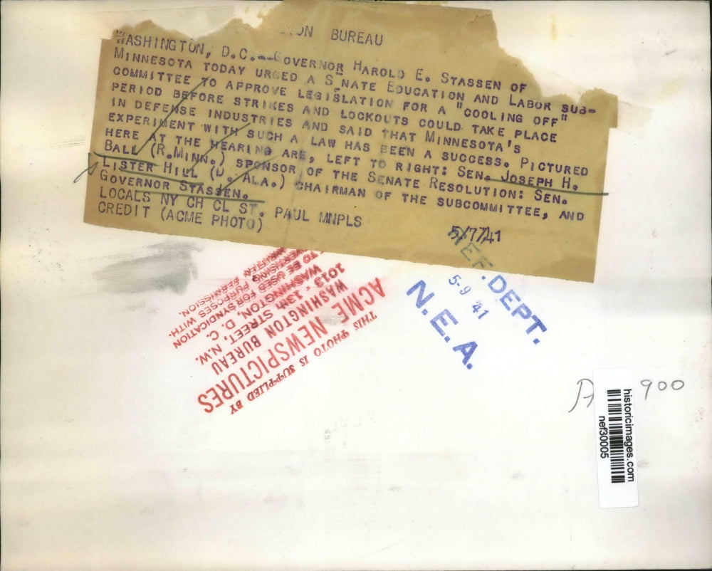 1941 Press Photo Senators Joseph Ball & Lister Hill with Gov Stassen of Minnesot