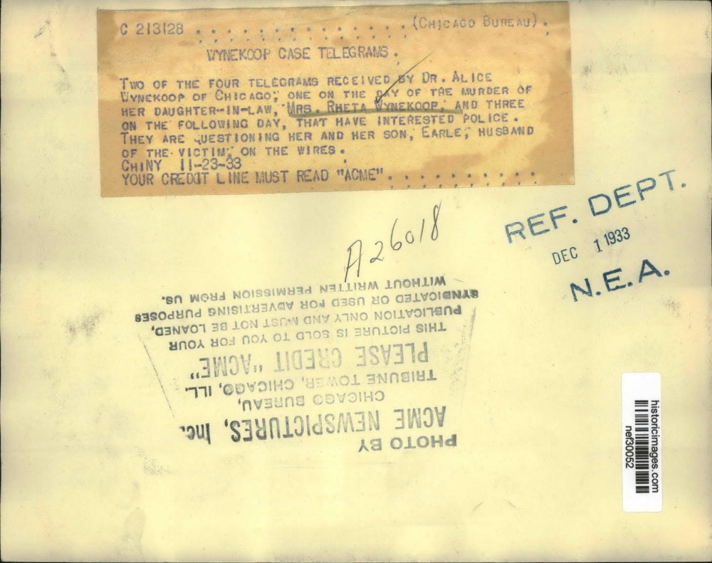 1933 Press Photo Telegrams received by Dr.Alice Wynekoop before day of murder