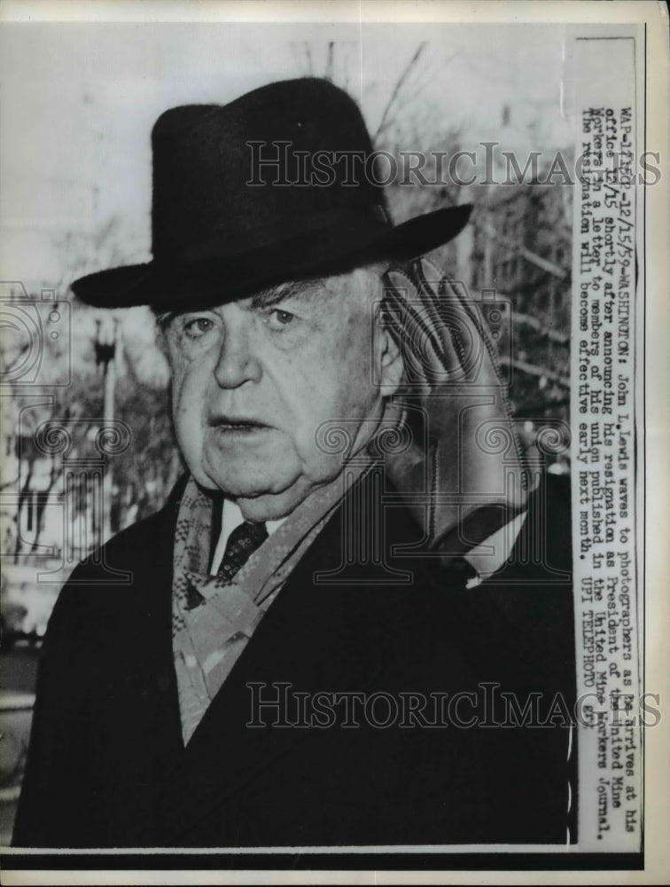 1959 Press Photo John L Lewis Waves To Photographers as He Arrives at His Office