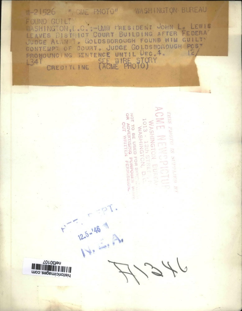 1946 Press Photo UMW President John L. Lewis Leaves District Court Building