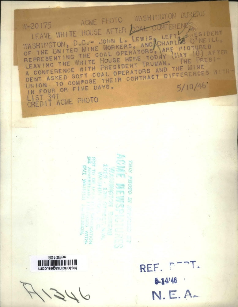 1946 Press Photo John Lewis & Charles O'Neill Leave White House After Conference