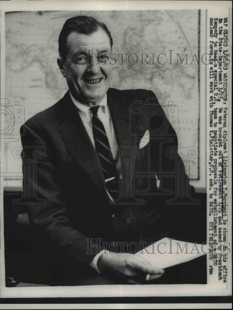 1963 Press Photo Livingston T Merchant Shown in His Office in State Department