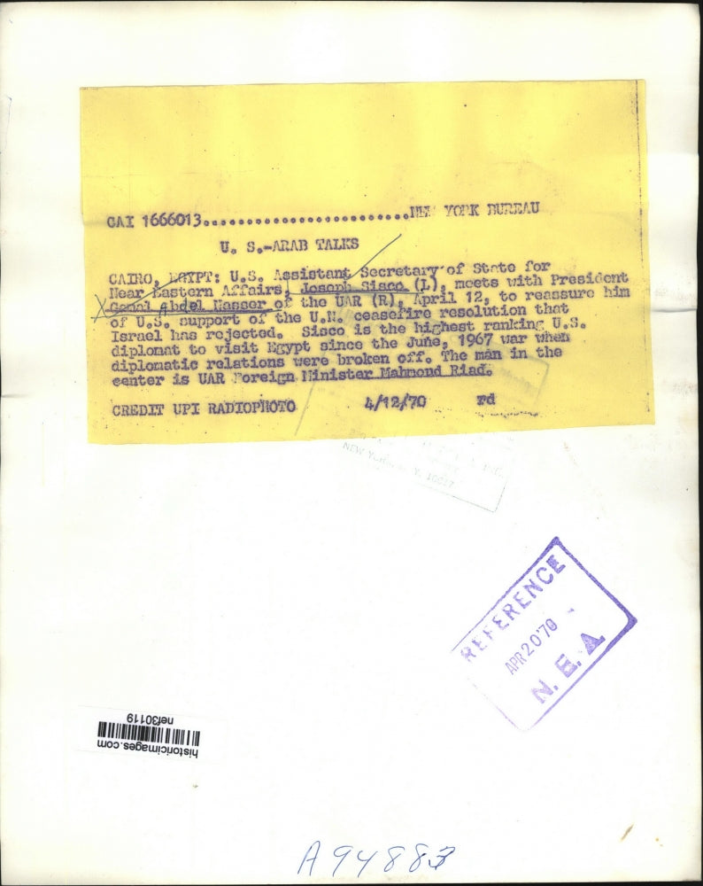 1970 Press Photo Joseph Sisco Meets with President Abdel Nasser of the UAR