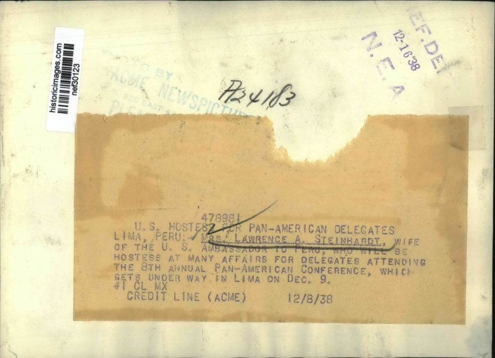 1938 Press Photo Mrs Lawrence Steinhardt Wife of US Ambassador to Peru