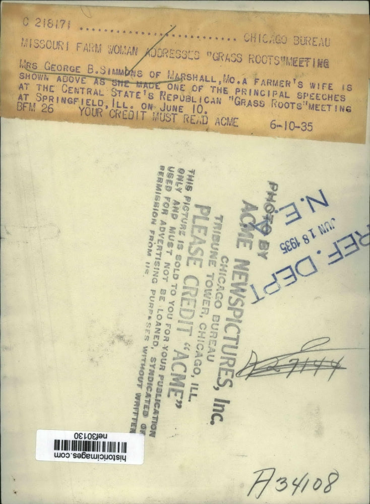 1935 Press Photo Mrs George Simmons Farmers Wife at Republican Grass Root Meetin