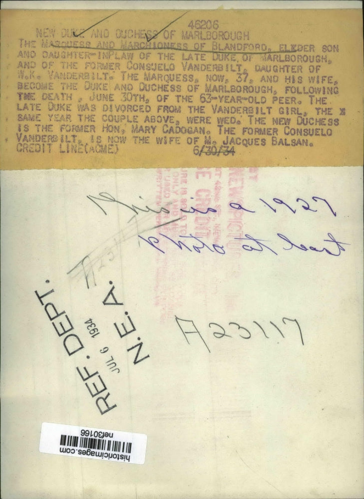 1934 Press Photo Duke & Duchess of Marlborough - nef30166