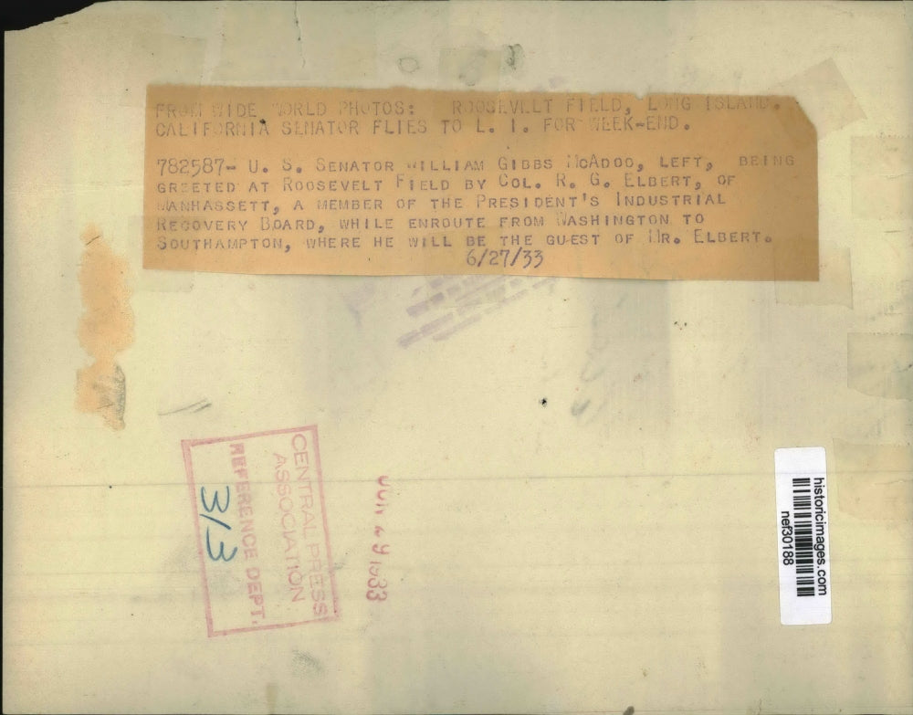 1933 Press Photo William Gibbs McAdoo, R.G. Elbert at Roosevelt Field