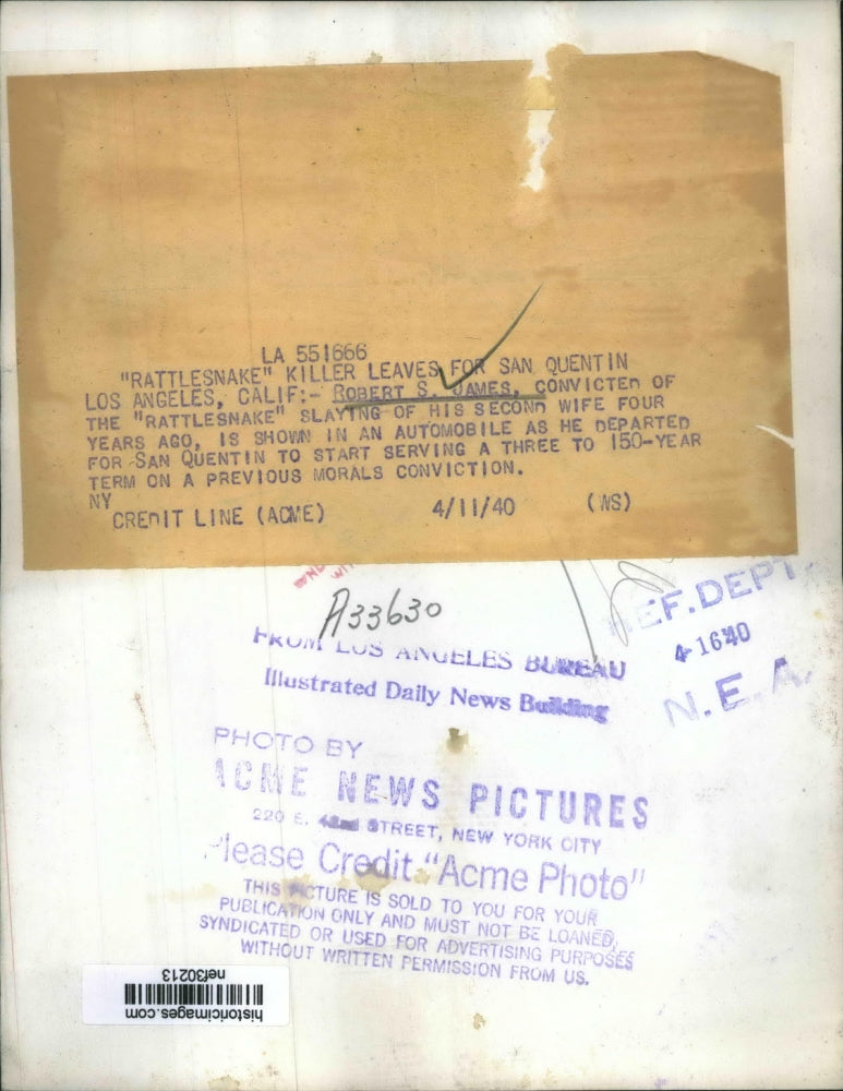 1940 Press Photo Robert S. James en Route to San Quentin Prison - nef30213