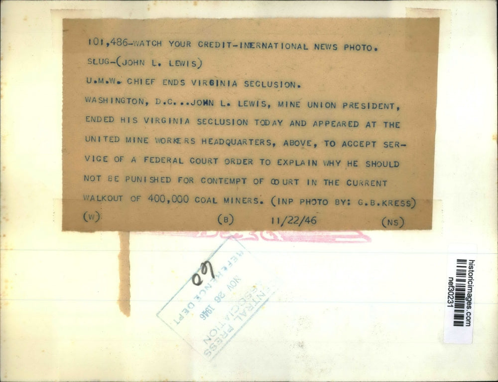 1946 Press Photo John L. Lewis at United Mine Workers Headquarters, Washington